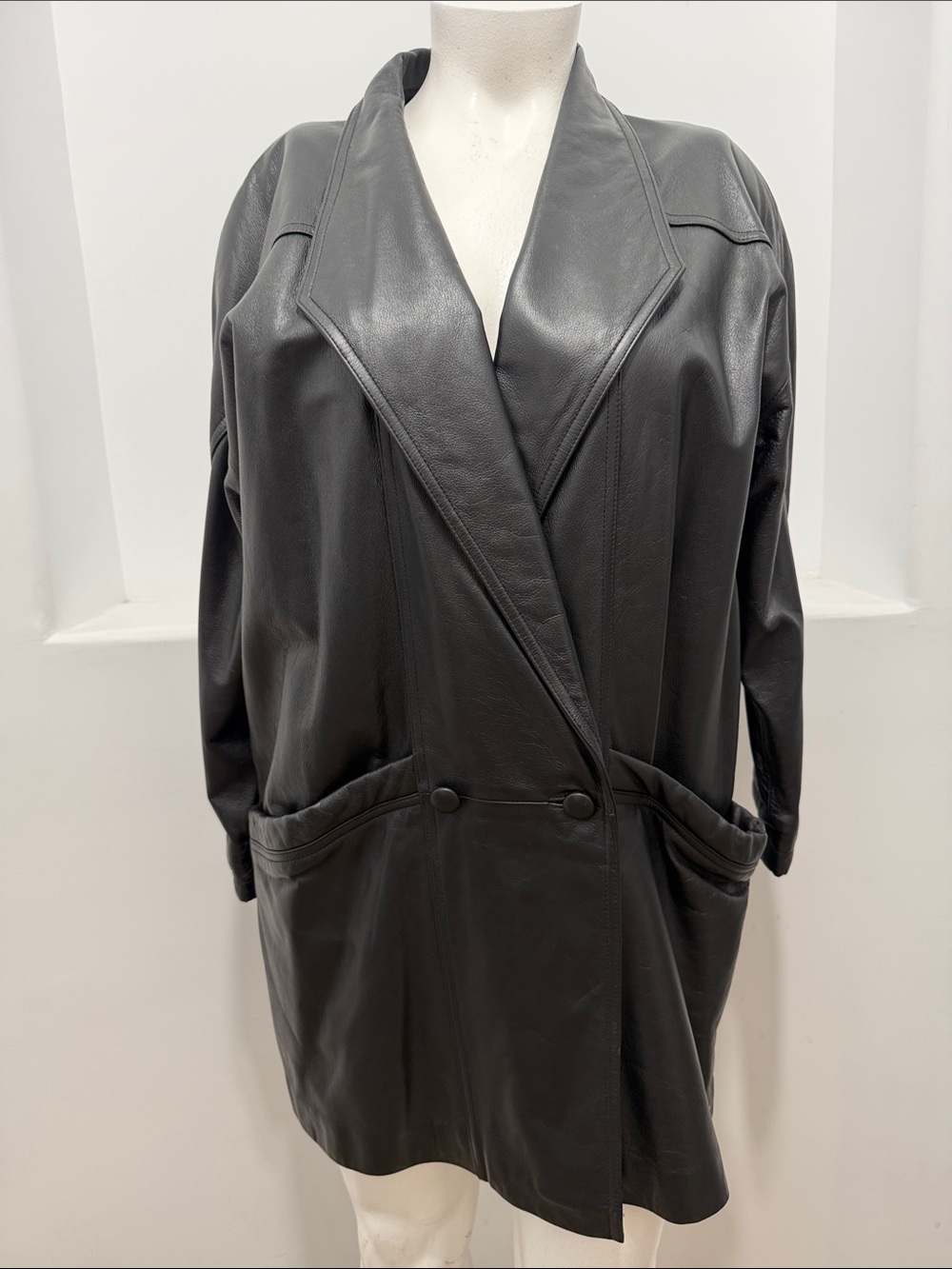 Vintage Fitz-Wright Black Genuine Leather Oversized Cocoon Coat Jacket 80s 90s